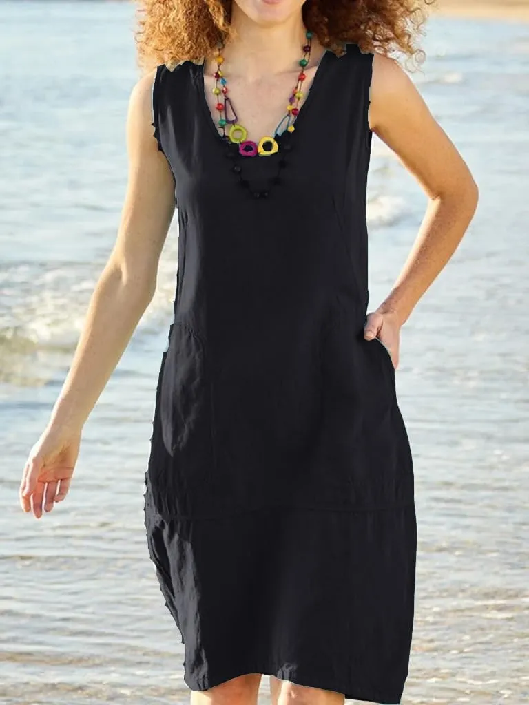 Cotton Linen Summer Midi Dresses for Women 2025 Vacation Sleeveless V-Neck Sundress Loose Casual Beach Solid Dresses