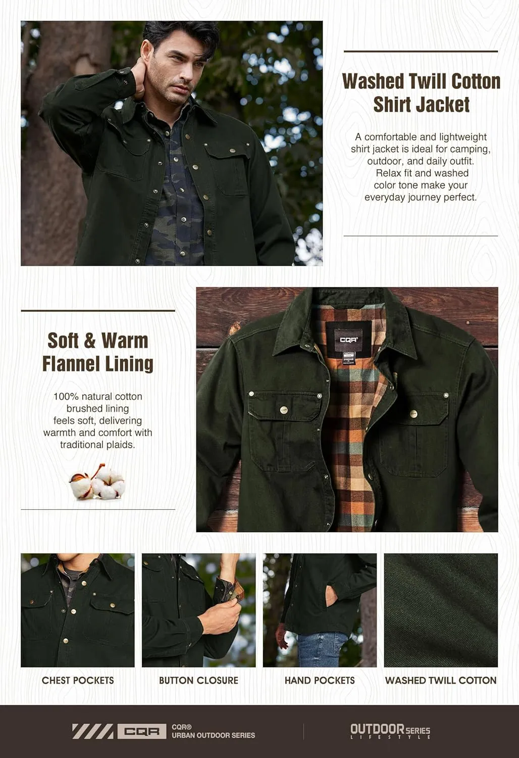CQR Men's Twill All Cotton Flannel Lined Shirt Jacket, Soft Brushed Outdoor Shirt Jacket
