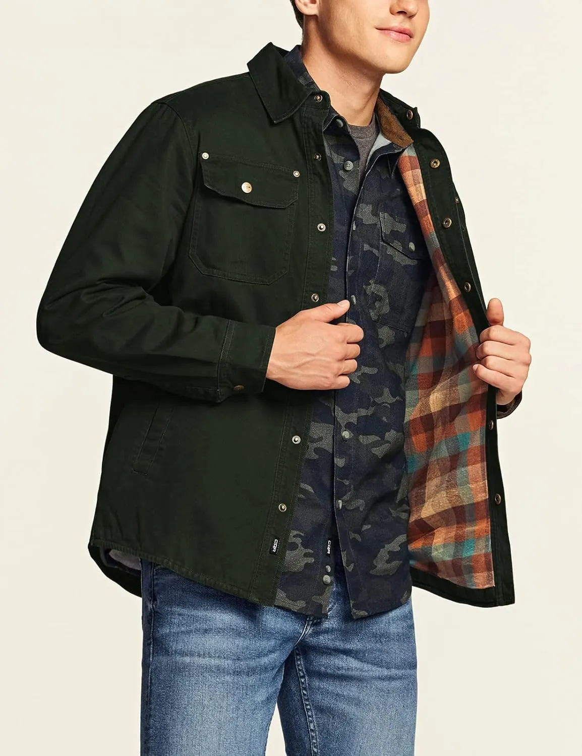 CQR Men's Twill All Cotton Flannel Lined Shirt Jacket, Soft Brushed Outdoor Shirt Jacket