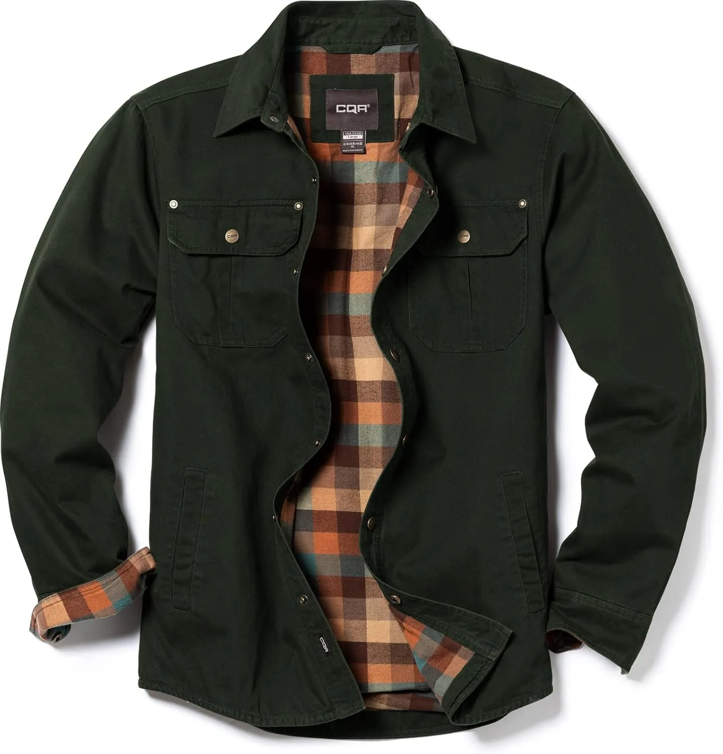 CQR Men's Twill All Cotton Flannel Lined Shirt Jacket, Soft Brushed Outdoor Shirt Jacket