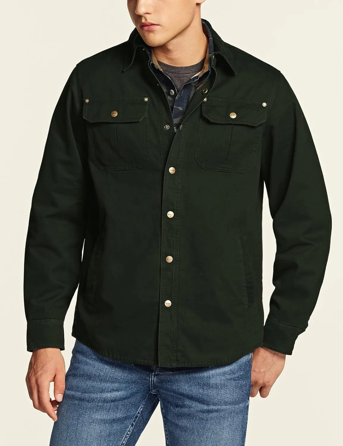 CQR Men's Twill All Cotton Flannel Lined Shirt Jacket, Soft Brushed Outdoor Shirt Jacket
