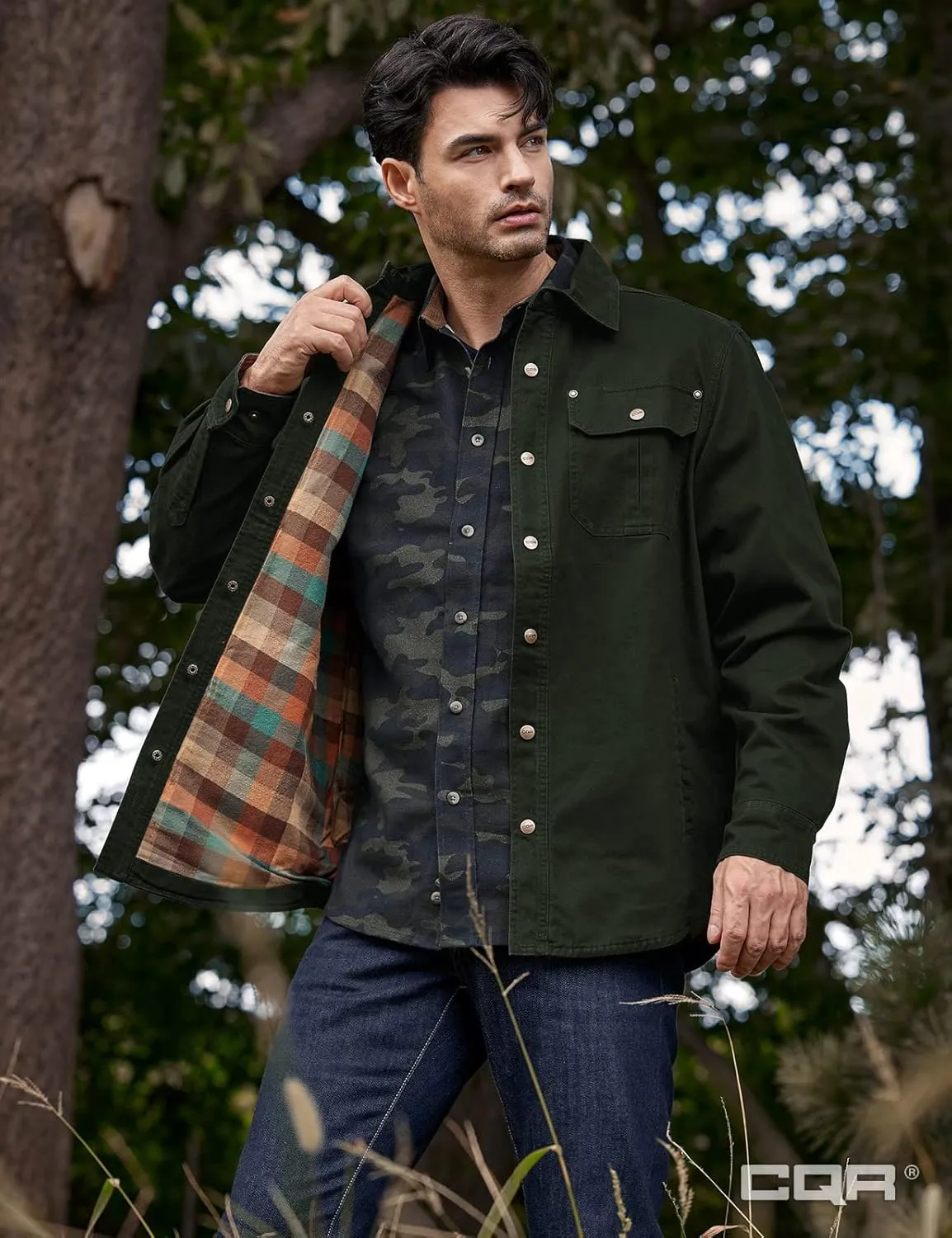 CQR Men's Twill All Cotton Flannel Lined Shirt Jacket, Soft Brushed Outdoor Shirt Jacket