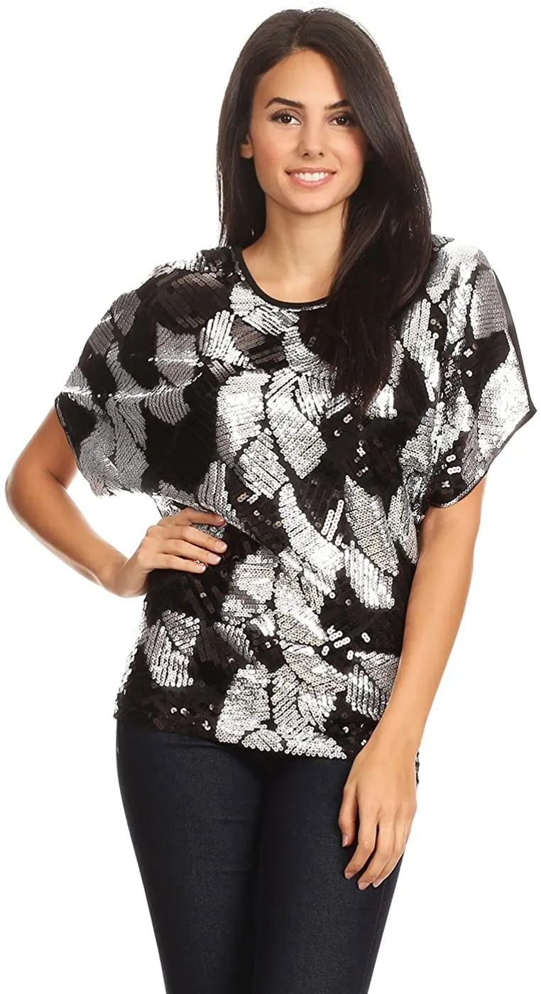 Dolman Sleeve Silver Loose Fit Sequin Evening Blouse Top
