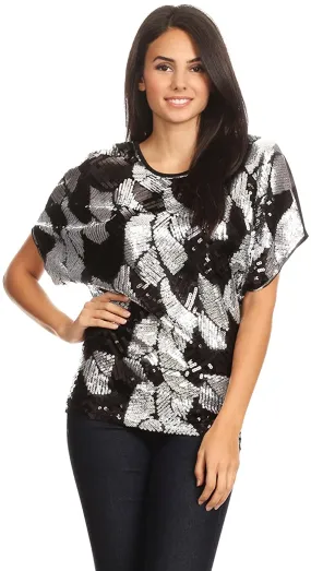 Dolman Sleeve Silver Loose Fit Sequin Evening Blouse Top