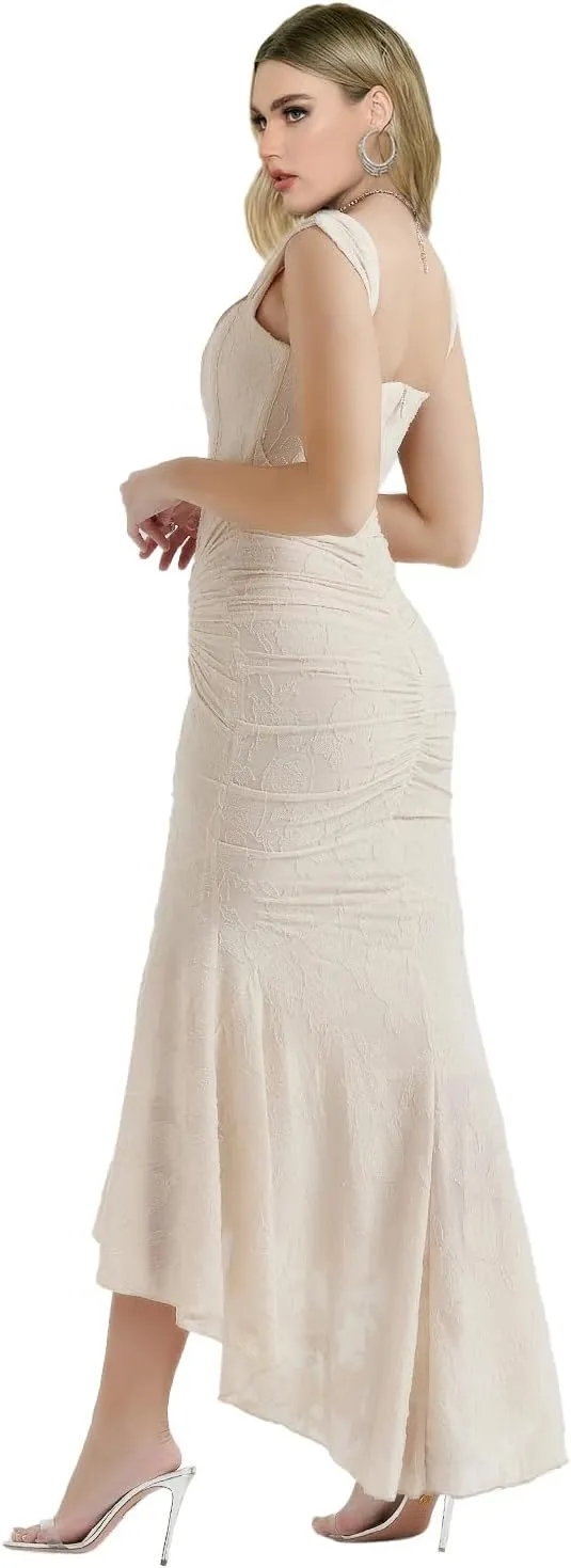 Elegant Lace Bodycon Fishtail Dress Fishbone Dress Shoulder Strap Ruched Midi Dress for Women