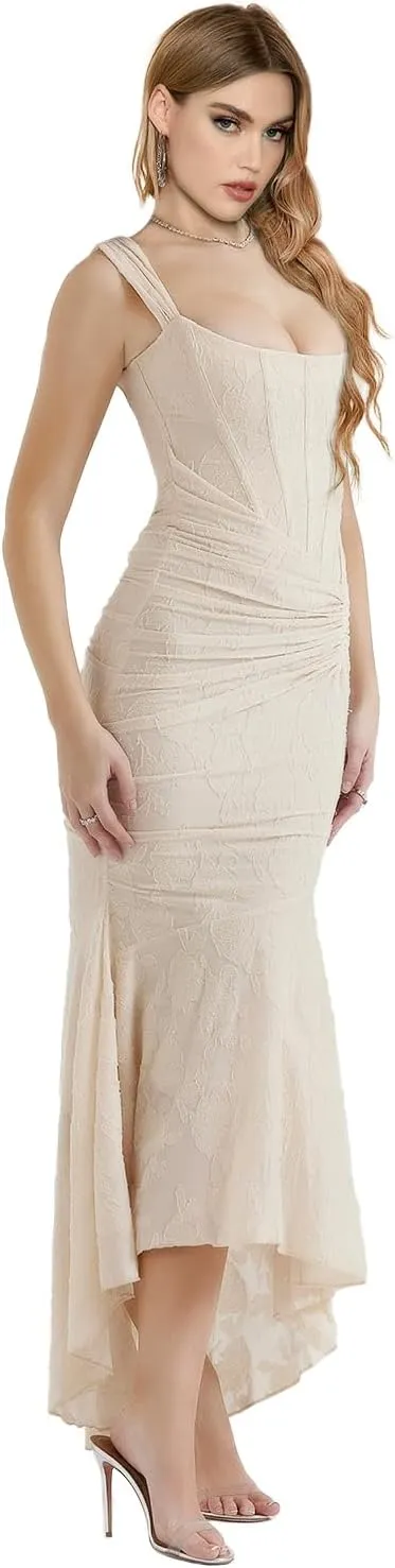 Elegant Lace Bodycon Fishtail Dress Fishbone Dress Shoulder Strap Ruched Midi Dress for Women
