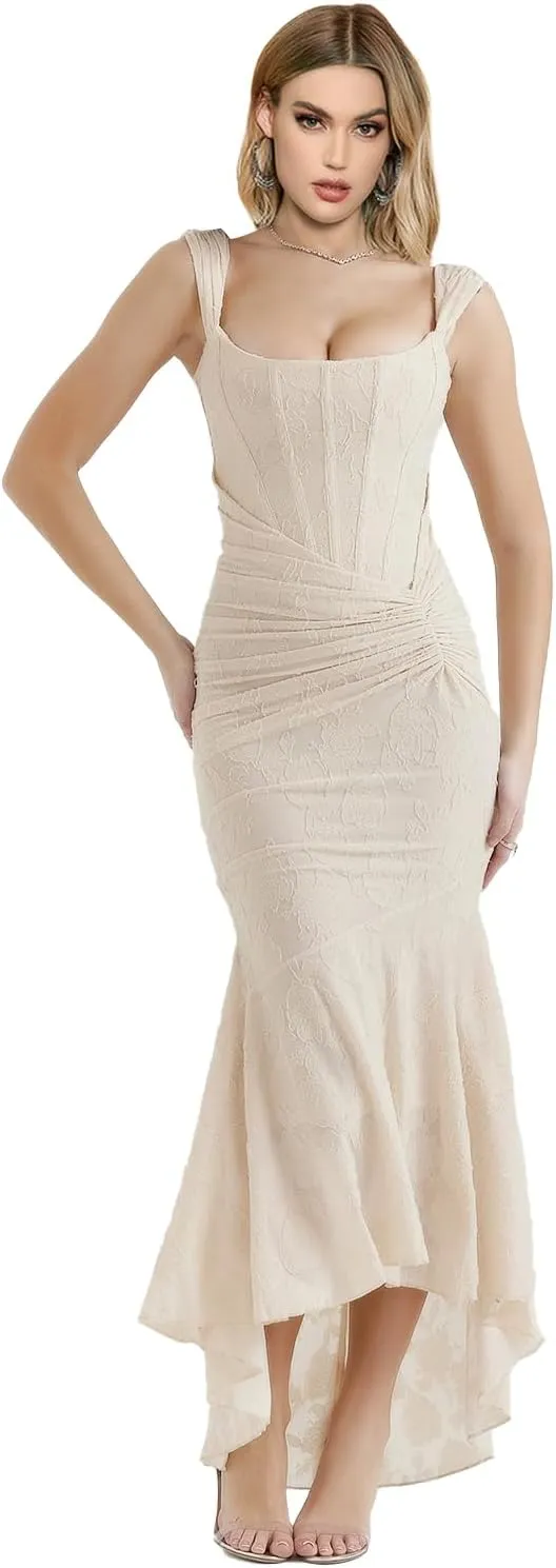 Elegant Lace Bodycon Fishtail Dress Fishbone Dress Shoulder Strap Ruched Midi Dress for Women