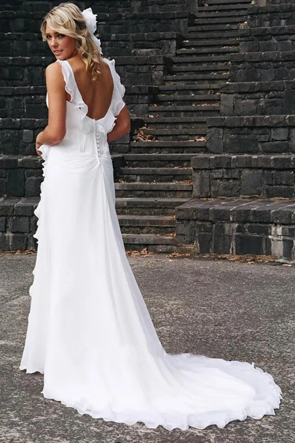 Elegant Sheath V Neck Chiffon Ruffles Sleeveless Open Back Wedding Dresses WK271