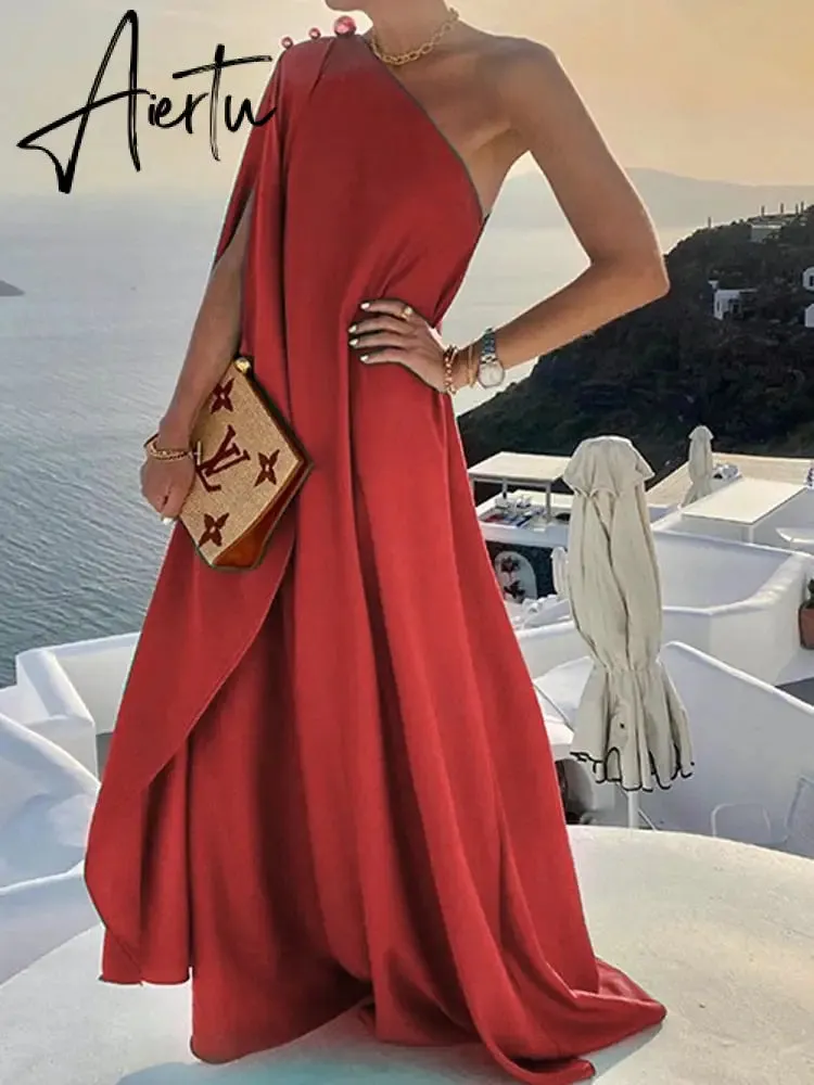 Elegant Sleeveless Loose Irregular Chic Dress Women Slanted Shoulder Dress New Solid Loose Off Shoulder Sundress Cover UP