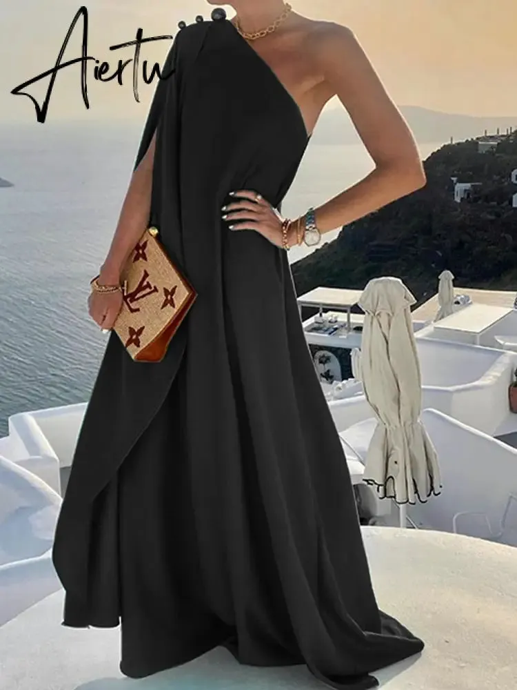 Elegant Sleeveless Loose Irregular Chic Dress Women Slanted Shoulder Dress New Solid Loose Off Shoulder Sundress Cover UP