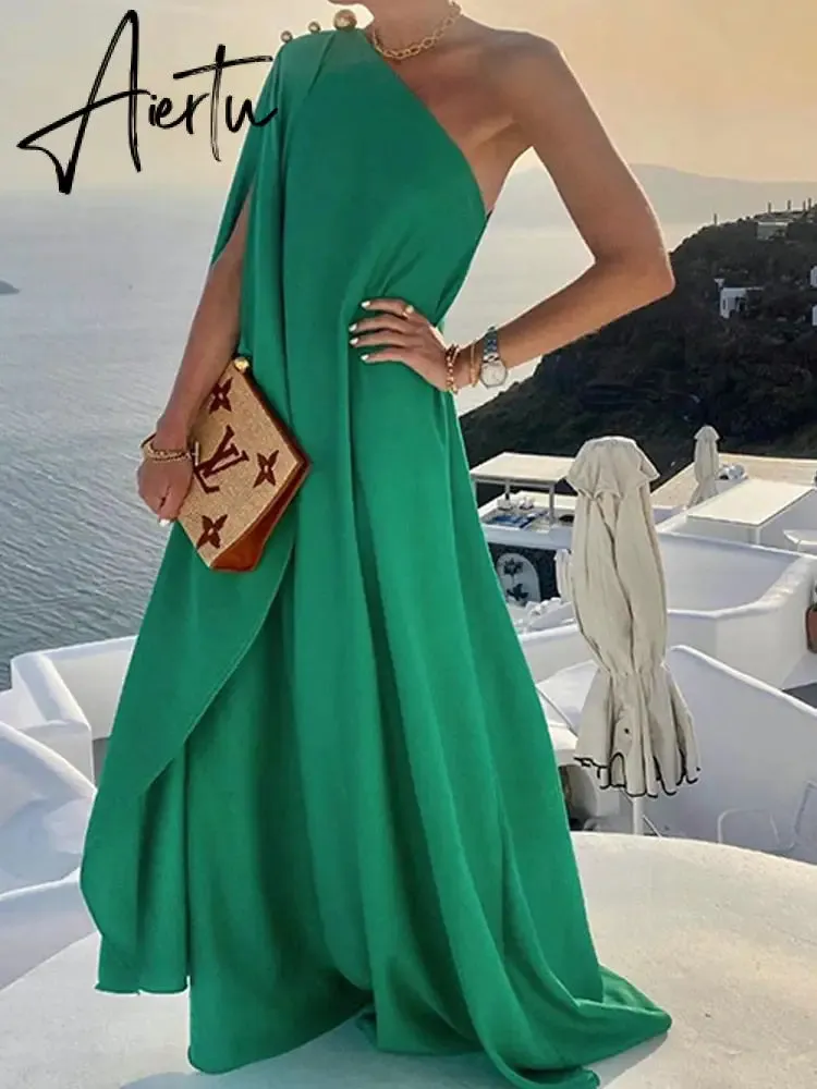 Elegant Sleeveless Loose Irregular Chic Dress Women Slanted Shoulder Dress New Solid Loose Off Shoulder Sundress Cover UP