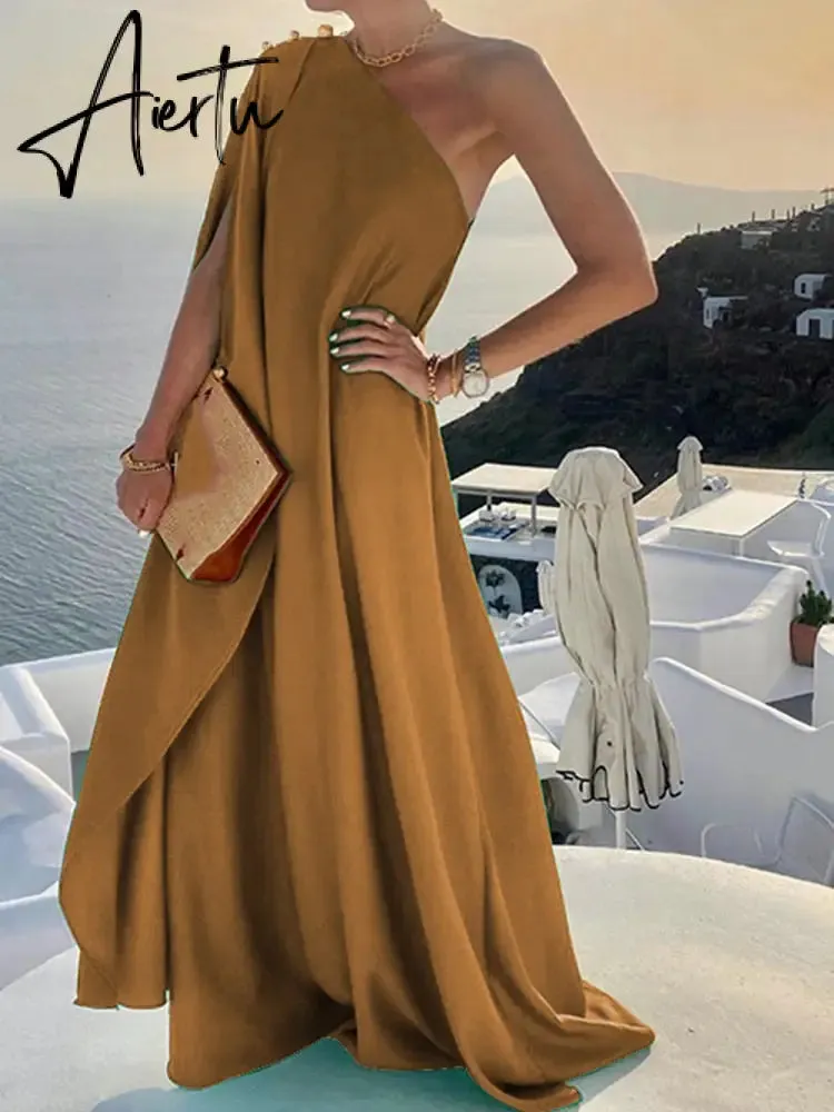 Elegant Sleeveless Loose Irregular Chic Dress Women Slanted Shoulder Dress New Solid Loose Off Shoulder Sundress Cover UP