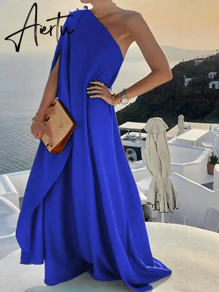 Elegant Sleeveless Loose Irregular Chic Dress Women Slanted Shoulder Dress New Solid Loose Off Shoulder Sundress Cover UP