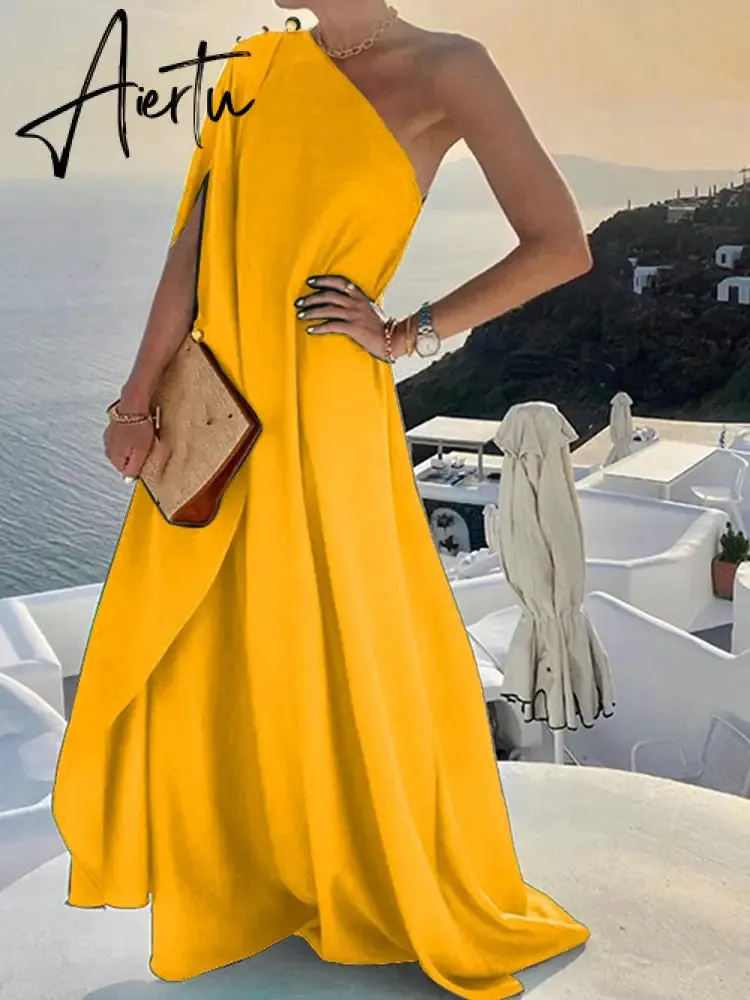 Elegant Sleeveless Loose Irregular Chic Dress Women Slanted Shoulder Dress New Solid Loose Off Shoulder Sundress Cover UP