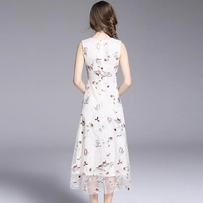 Embroidered Sleeveless V Neck Elegant Dress