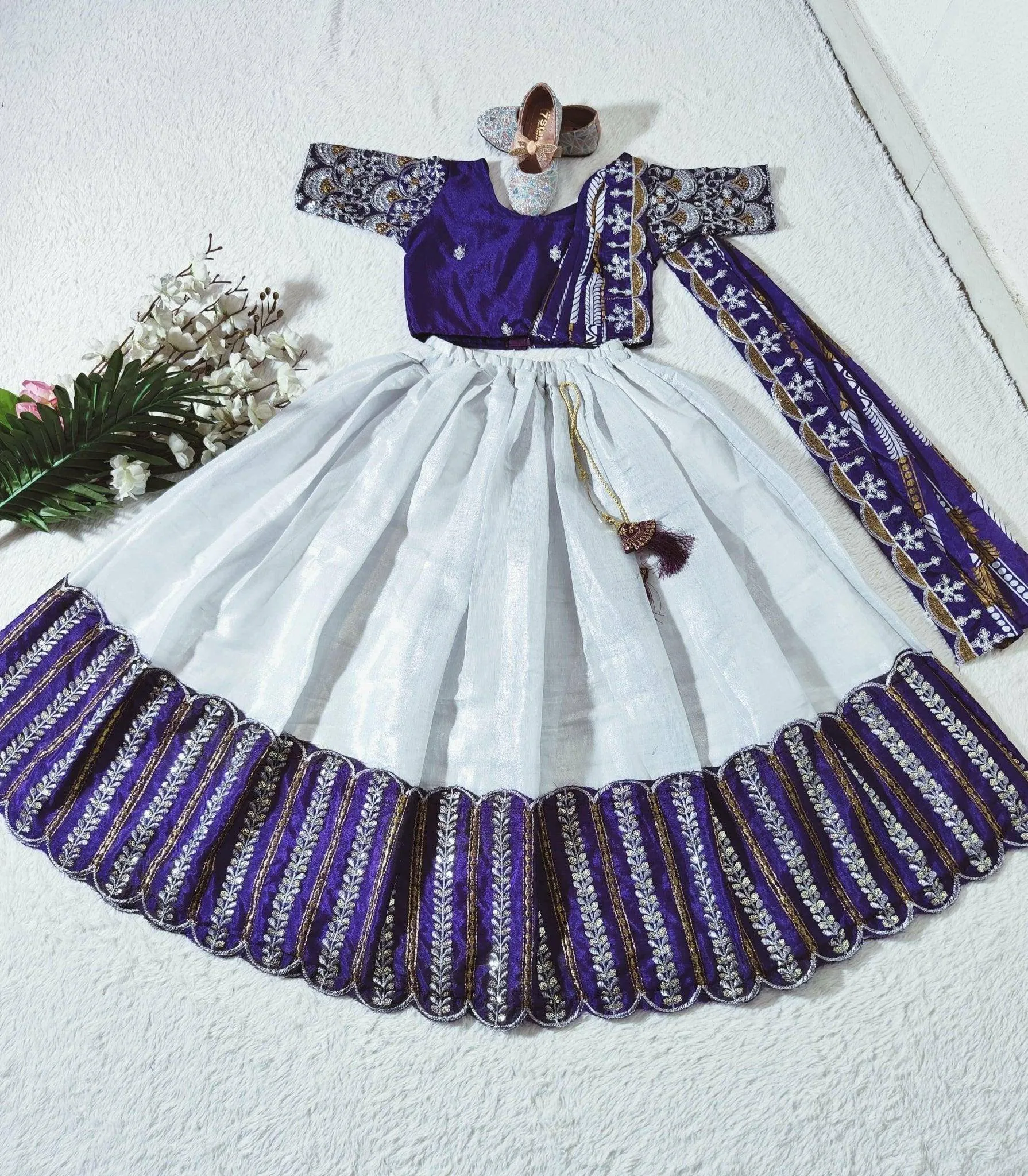 Embroidered Work Stitched Lehenga & Blouse with Joint Dupatta For Kids