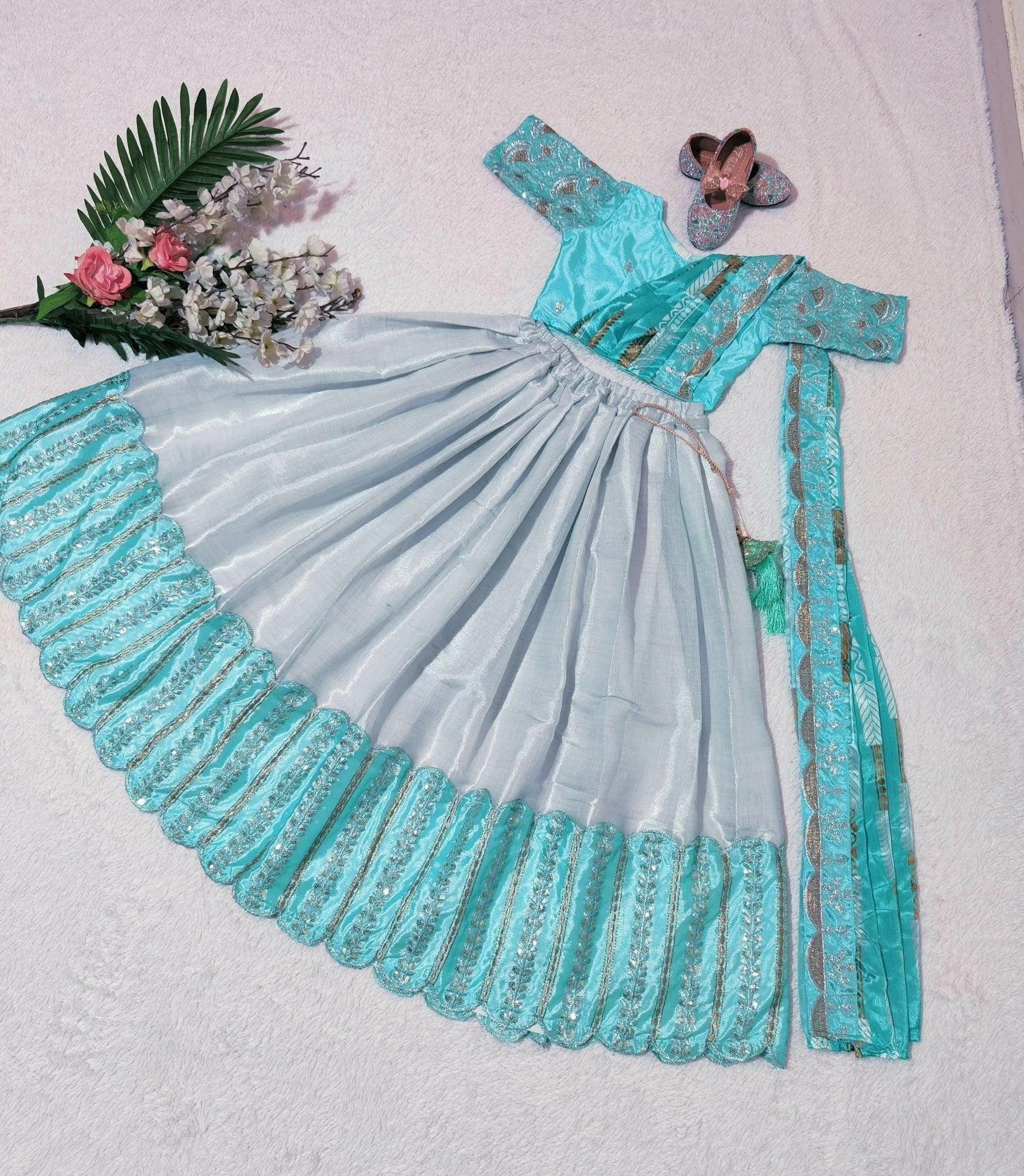 Embroidered Work Stitched Lehenga & Blouse with Joint Dupatta For Kids