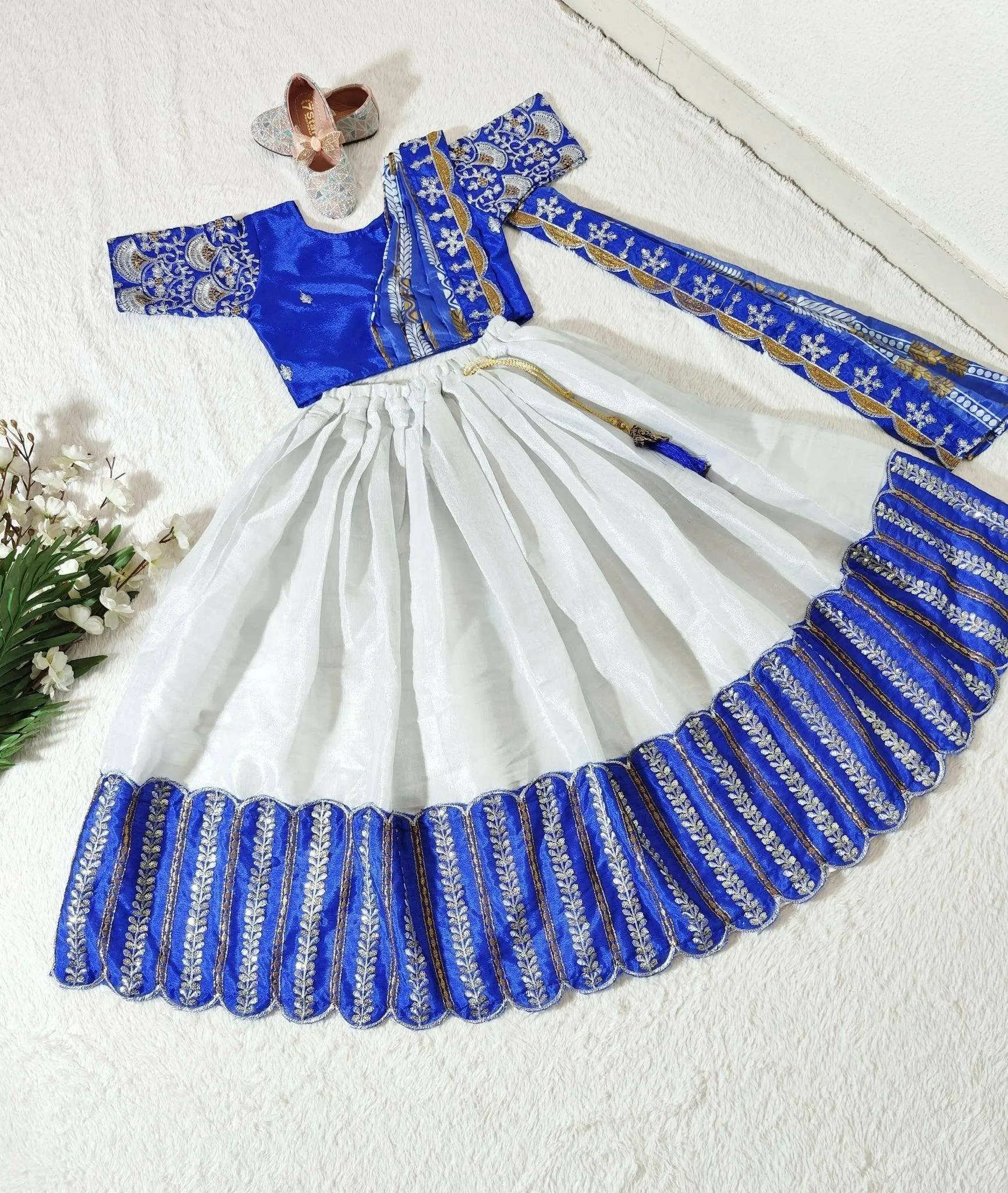 Embroidered Work Stitched Lehenga & Blouse with Joint Dupatta For Kids