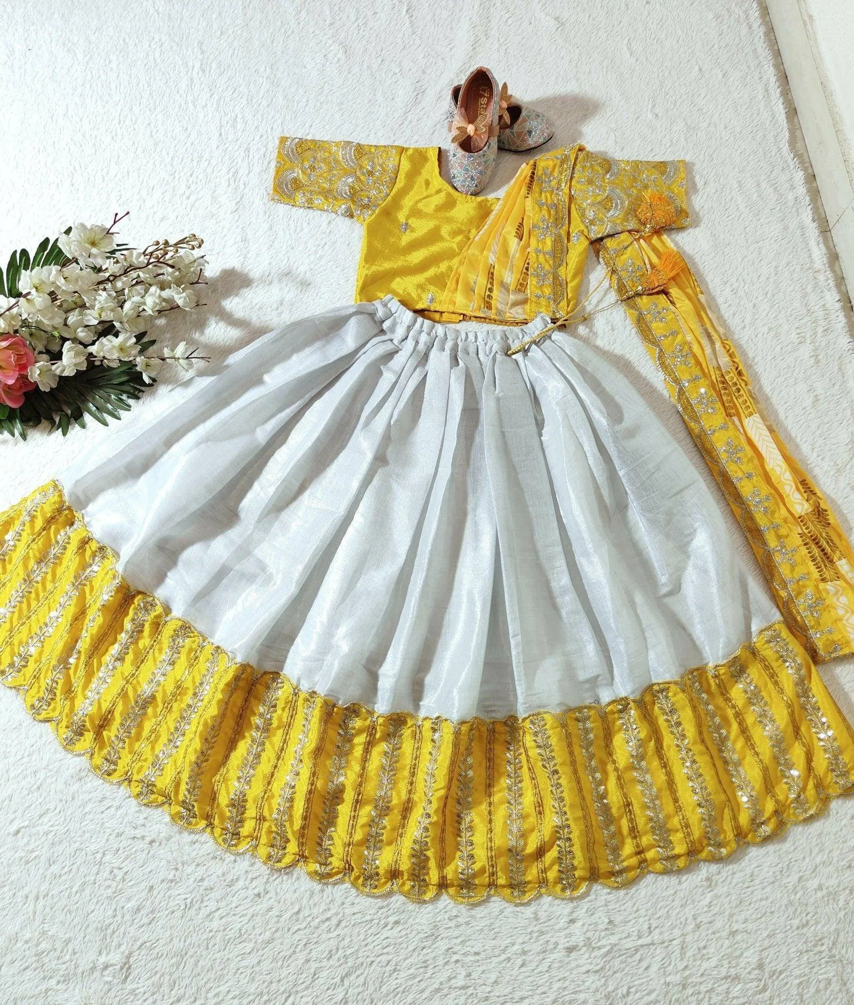 Embroidered Work Stitched Lehenga & Blouse with Joint Dupatta For Kids