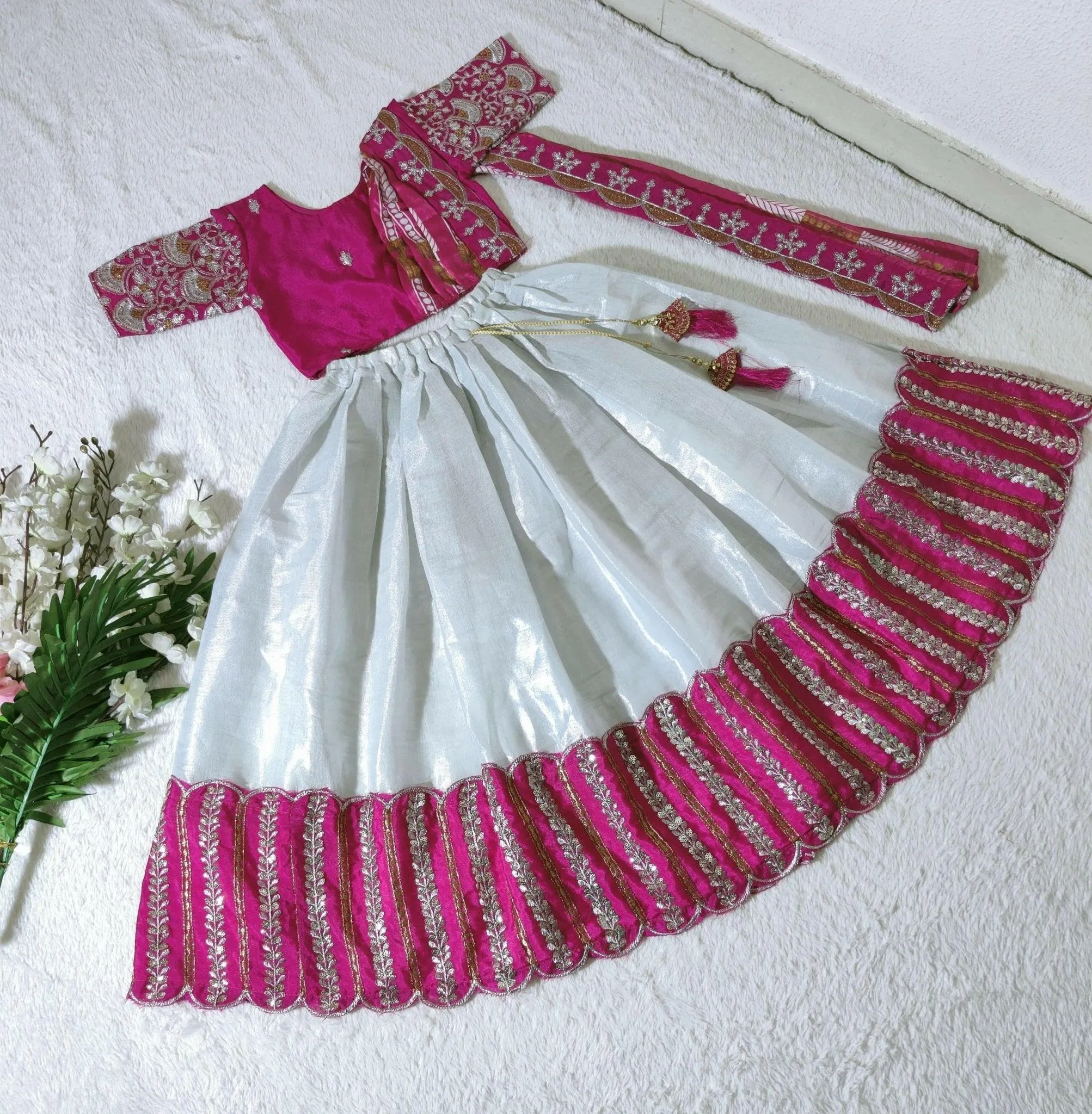 Embroidered Work Stitched Lehenga & Blouse with Joint Dupatta For Kids