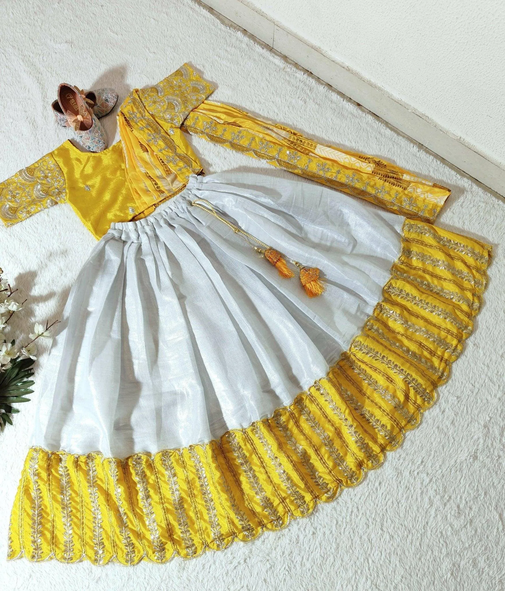 Embroidered Work Stitched Lehenga & Blouse with Joint Dupatta For Kids
