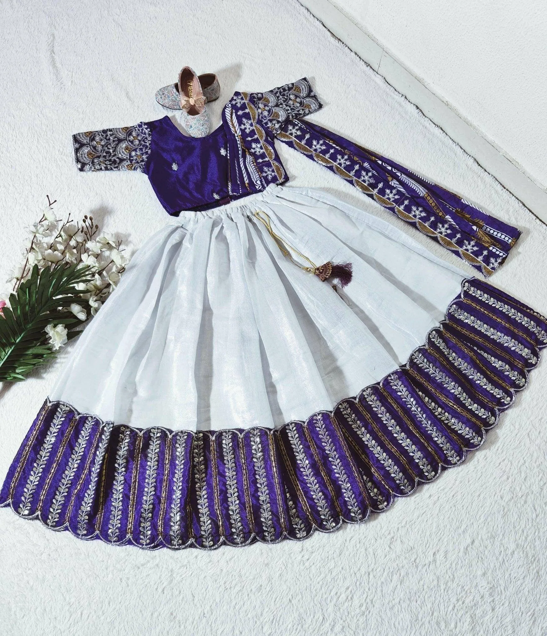 Embroidered Work Stitched Lehenga & Blouse with Joint Dupatta For Kids