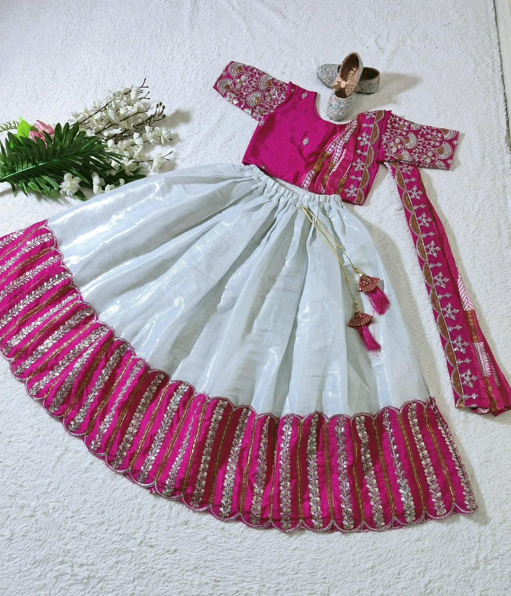 Embroidered Work Stitched Lehenga & Blouse with Joint Dupatta For Kids
