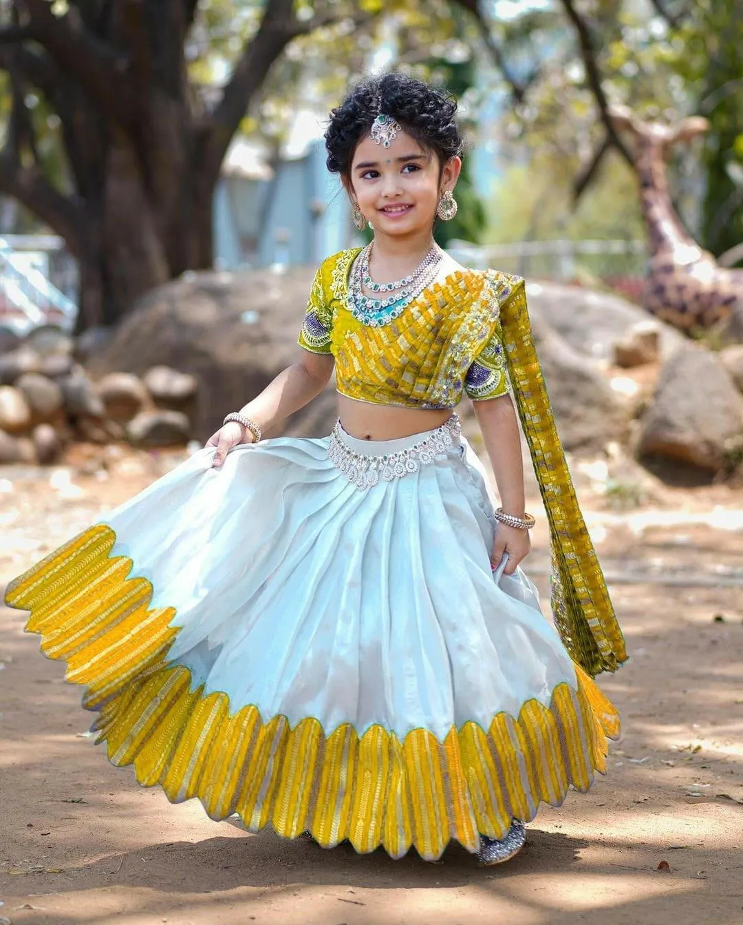 Embroidered Work Stitched Lehenga & Blouse with Joint Dupatta For Kids