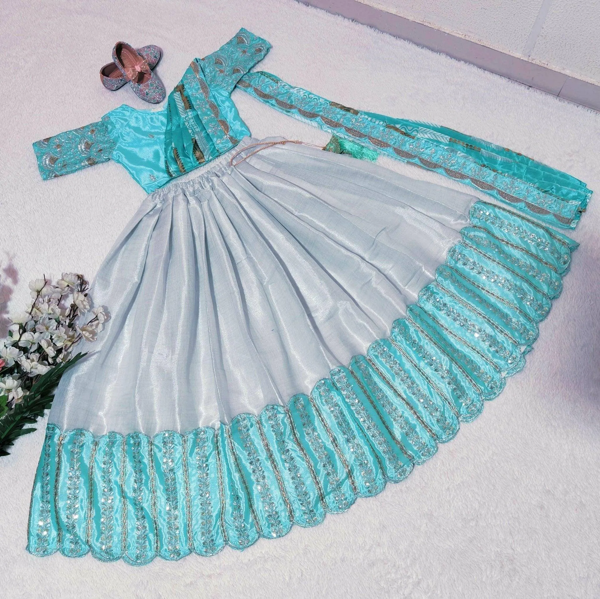 Embroidered Work Stitched Lehenga & Blouse with Joint Dupatta For Kids
