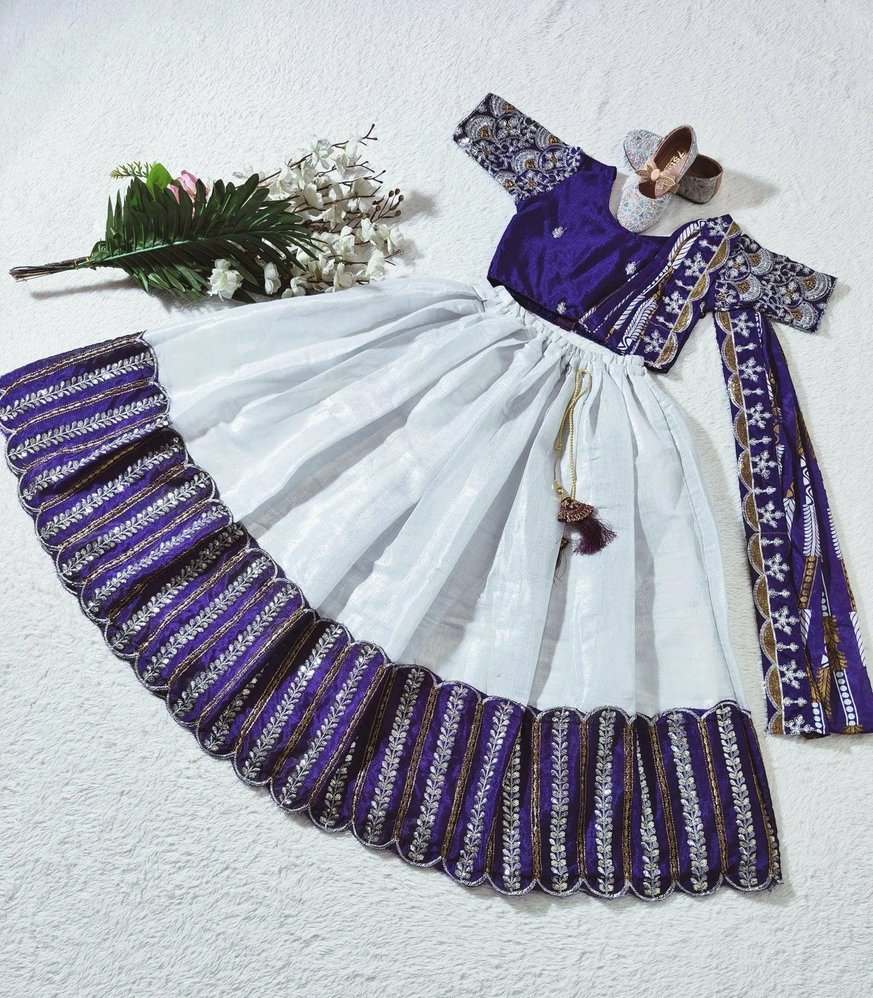 Embroidered Work Stitched Lehenga & Blouse with Joint Dupatta For Kids