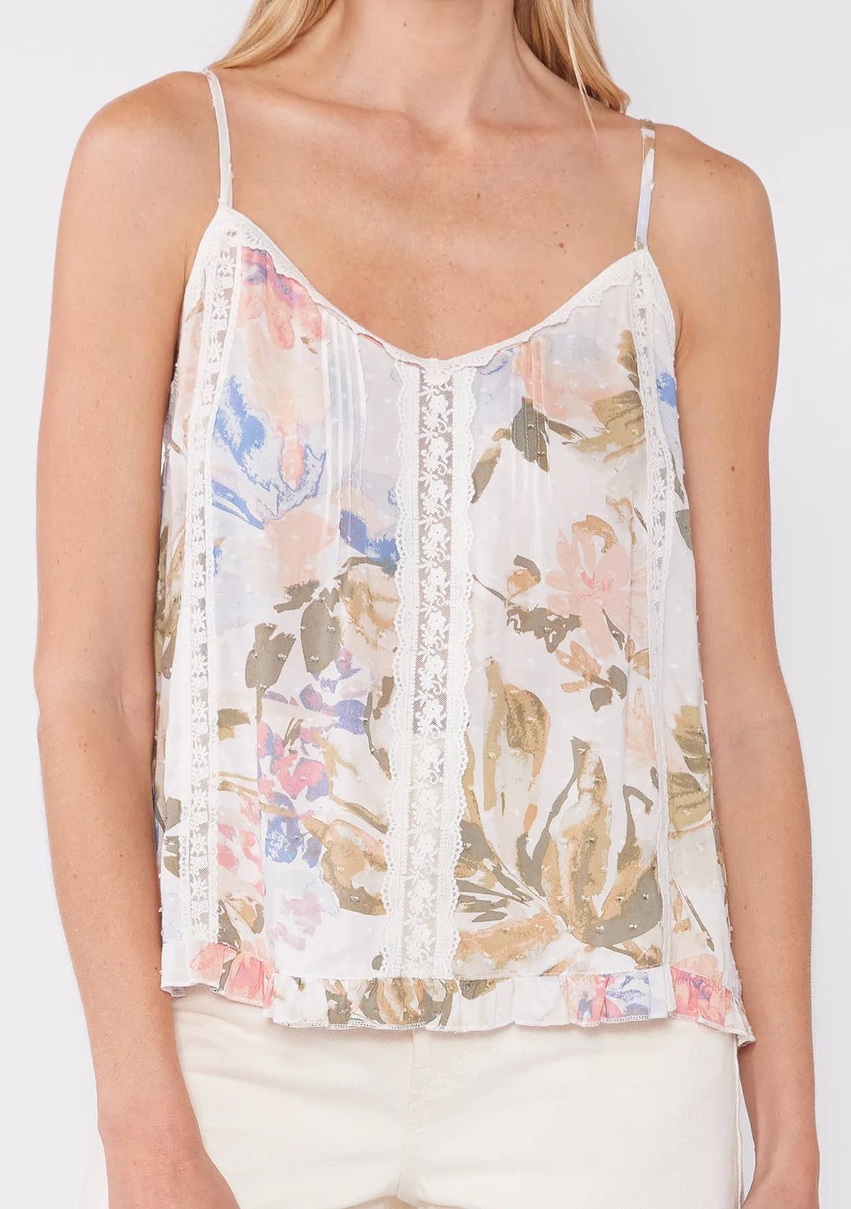 Floral Lace Trim V Neck Tank Top