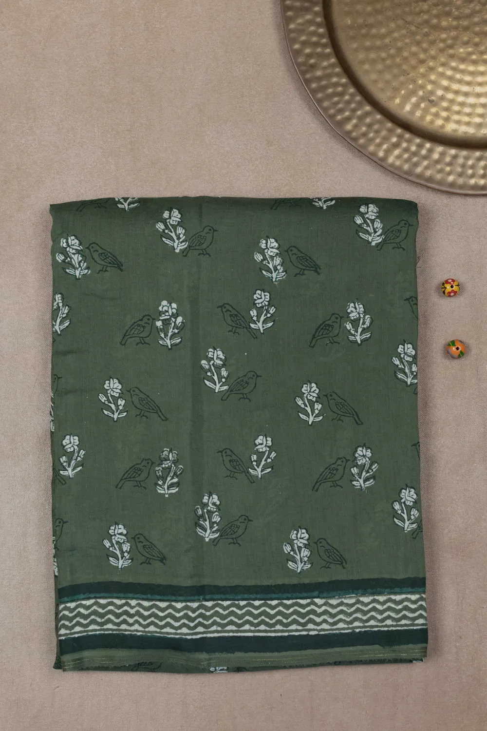 Florals on Green Block Printed Lyocell saree