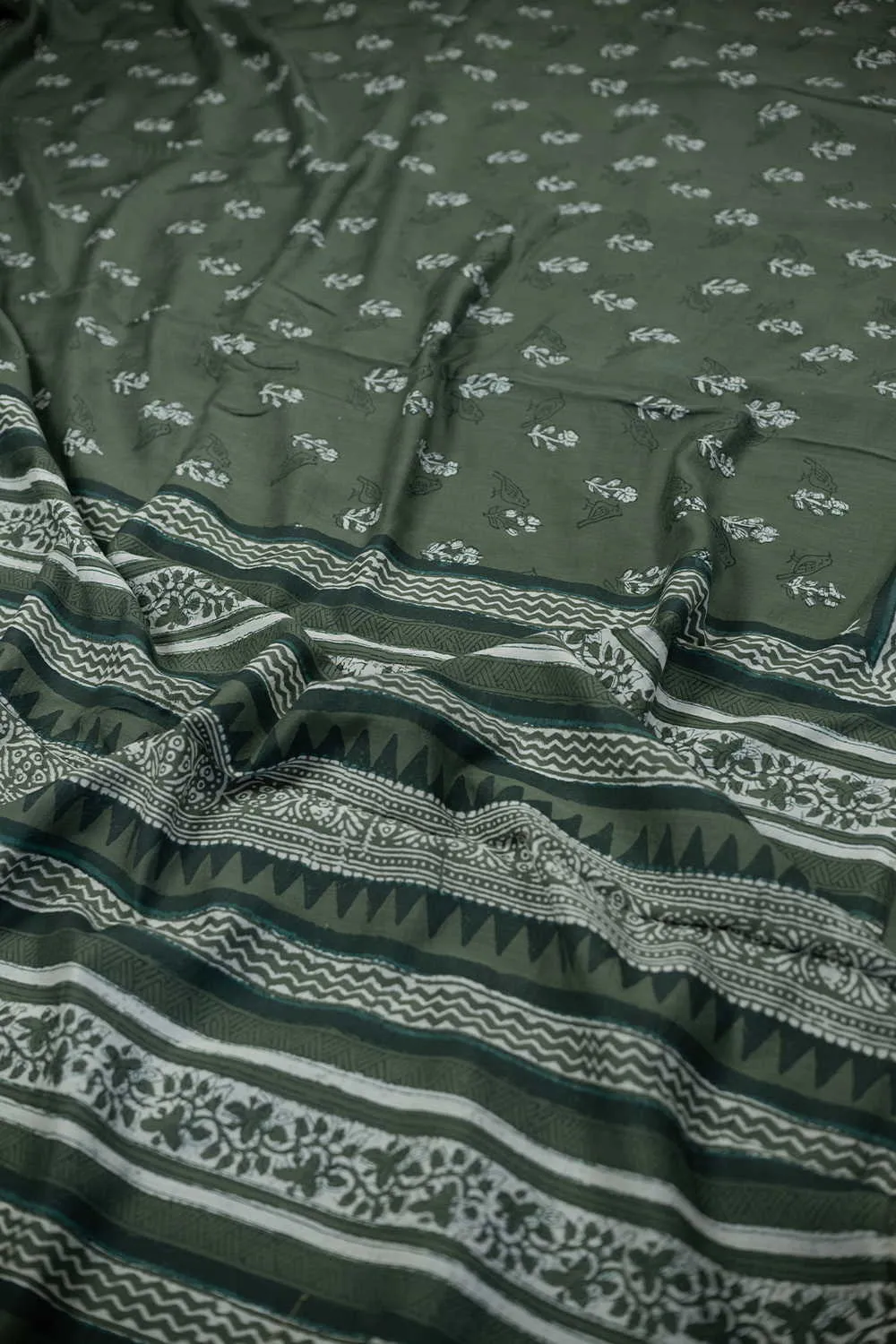 Florals on Green Block Printed Lyocell saree