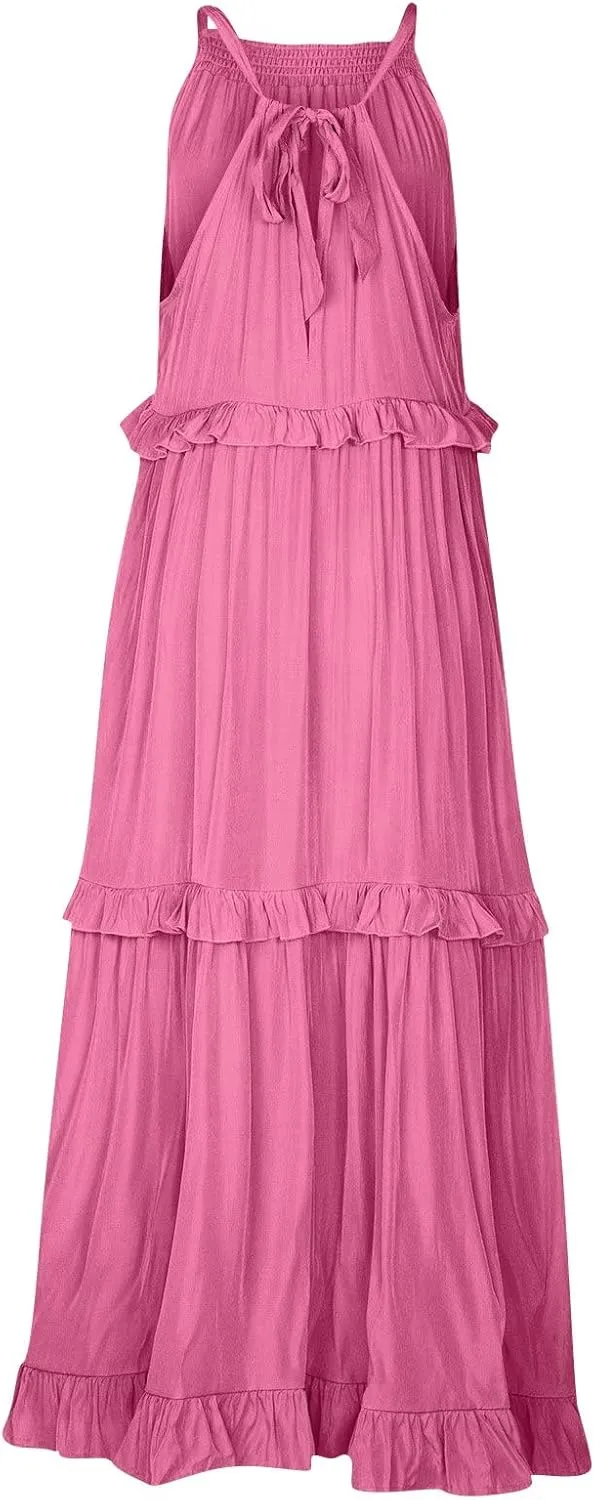 Halter Maxi Tiered Dresses for Women Summer Flowy Swing Ruffle Smocked Dress Plus Size Sundress Frocks with Pockets