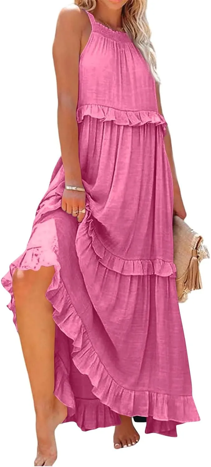 Halter Maxi Tiered Dresses for Women Summer Flowy Swing Ruffle Smocked Dress Plus Size Sundress Frocks with Pockets