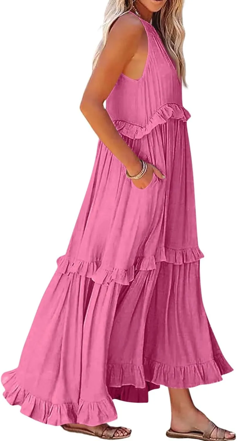 Halter Maxi Tiered Dresses for Women Summer Flowy Swing Ruffle Smocked Dress Plus Size Sundress Frocks with Pockets