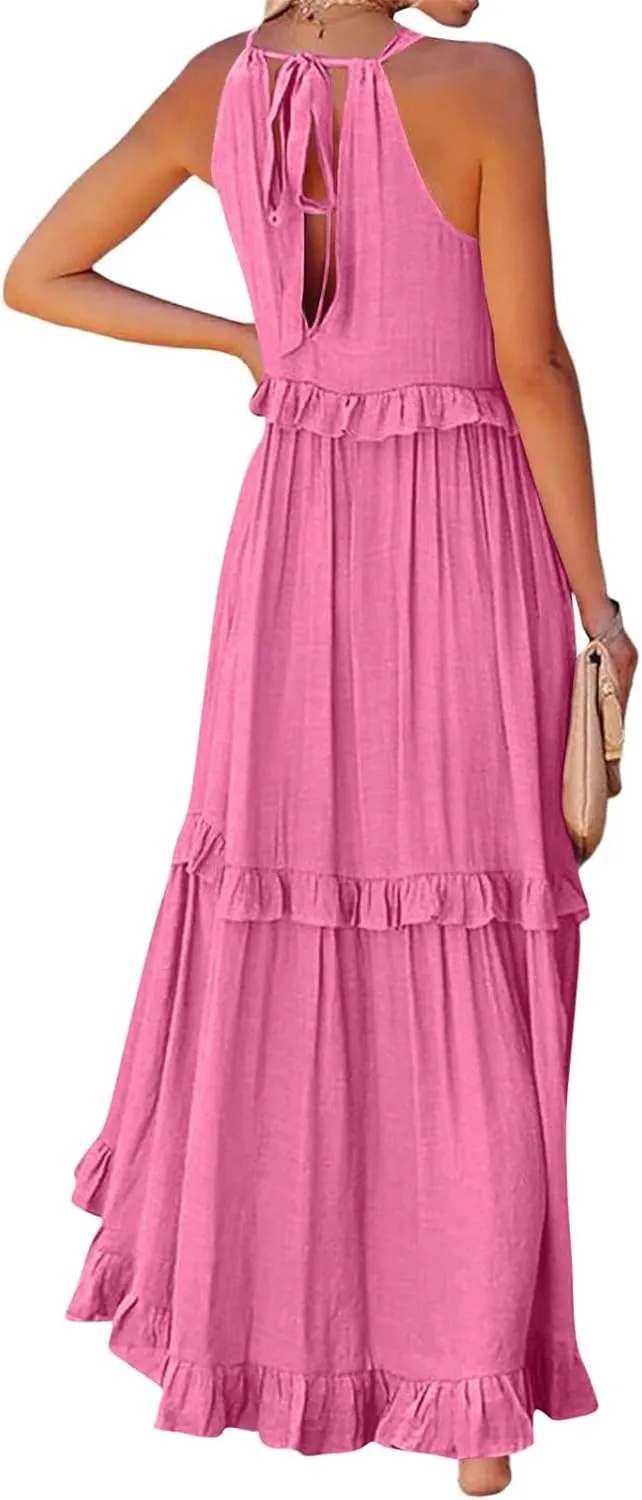 Halter Maxi Tiered Dresses for Women Summer Flowy Swing Ruffle Smocked Dress Plus Size Sundress Frocks with Pockets