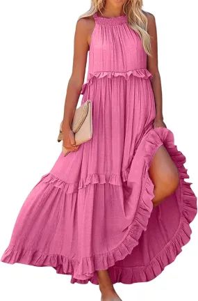 Halter Maxi Tiered Dresses for Women Summer Flowy Swing Ruffle Smocked Dress Plus Size Sundress Frocks with Pockets