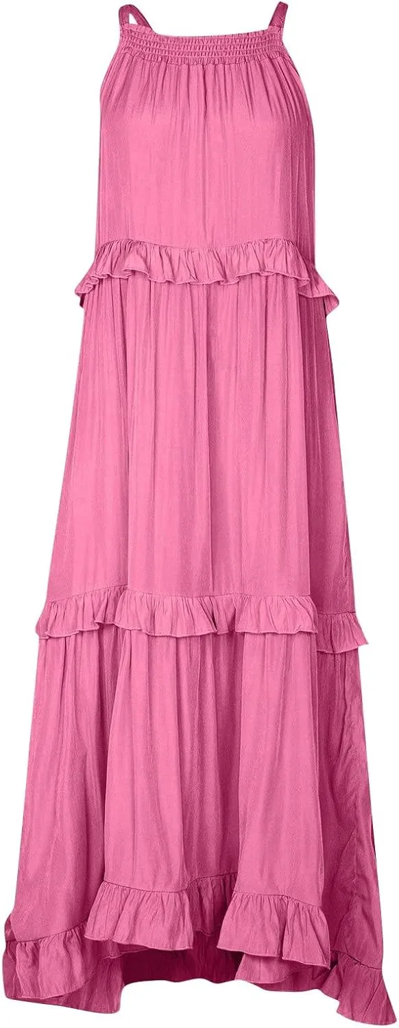 Halter Maxi Tiered Dresses for Women Summer Flowy Swing Ruffle Smocked Dress Plus Size Sundress Frocks with Pockets