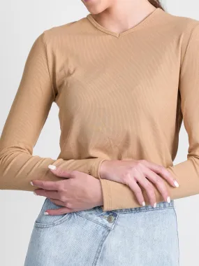 HIGH V RIBBED TEE - LS-LIGHT TAN