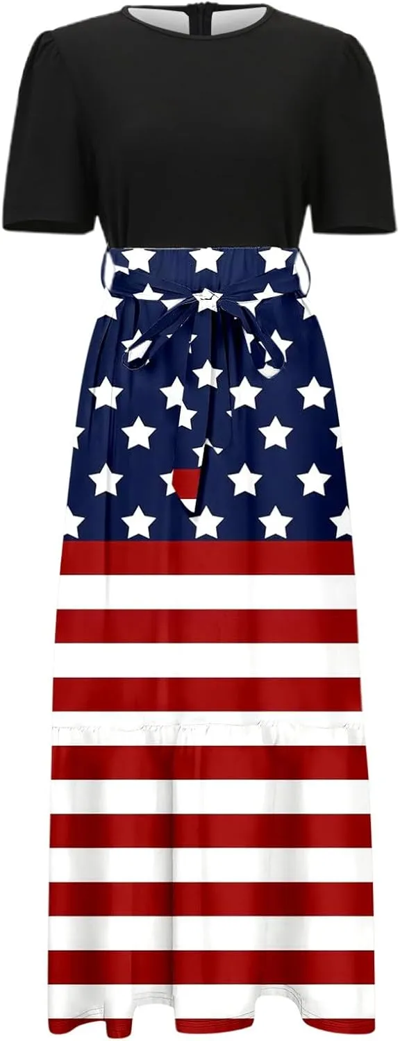 Independence Day Summer Dresses for Women Tie Belted Ruffle Hem A Line Boho Maxi Dress Short Sleeve Flowy Long Dress