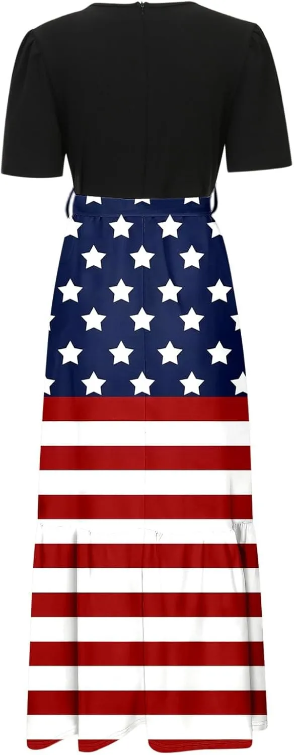 Independence Day Summer Dresses for Women Tie Belted Ruffle Hem A Line Boho Maxi Dress Short Sleeve Flowy Long Dress