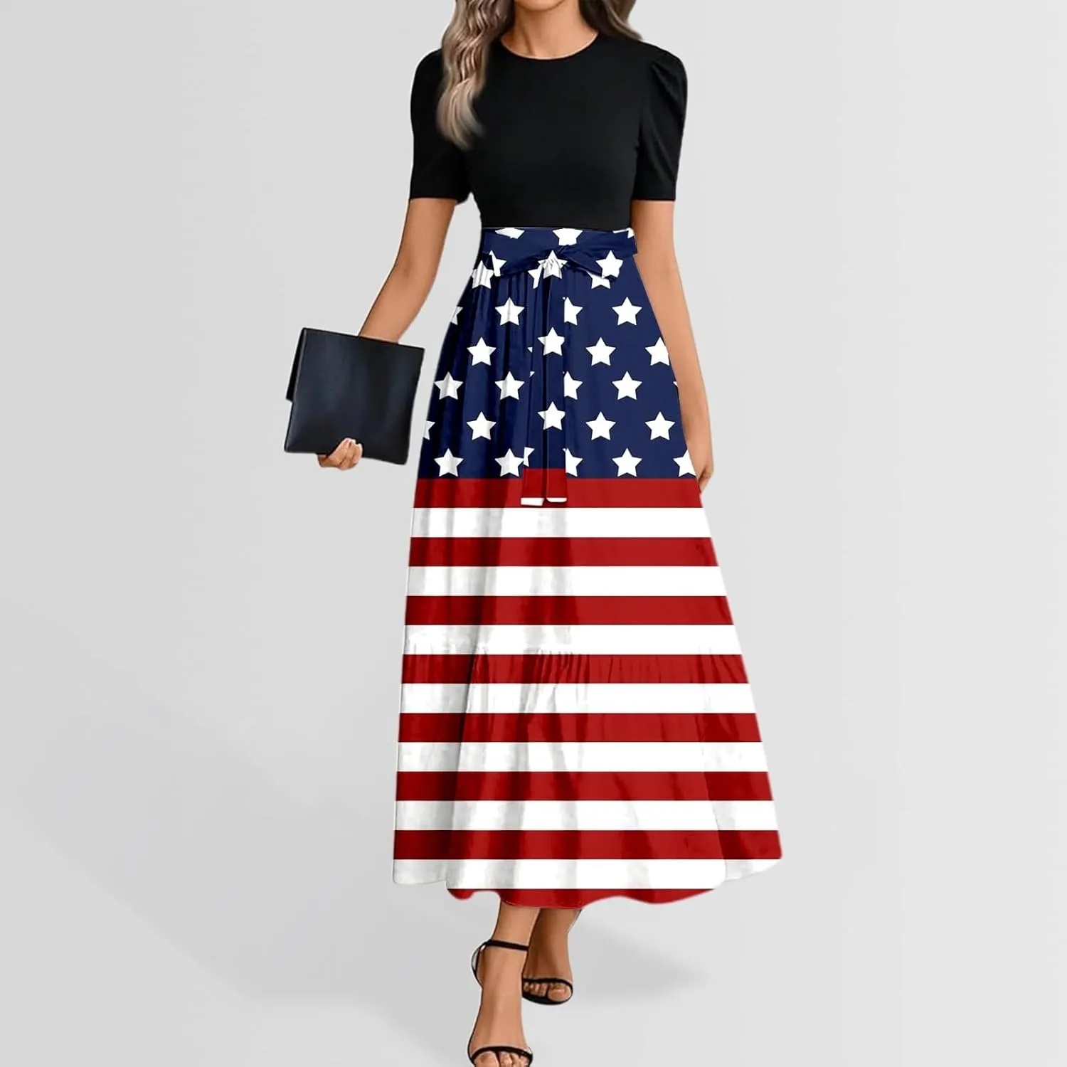 Independence Day Summer Dresses for Women Tie Belted Ruffle Hem A Line Boho Maxi Dress Short Sleeve Flowy Long Dress