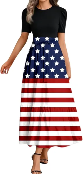 Independence Day Summer Dresses for Women Tie Belted Ruffle Hem A Line Boho Maxi Dress Short Sleeve Flowy Long Dress