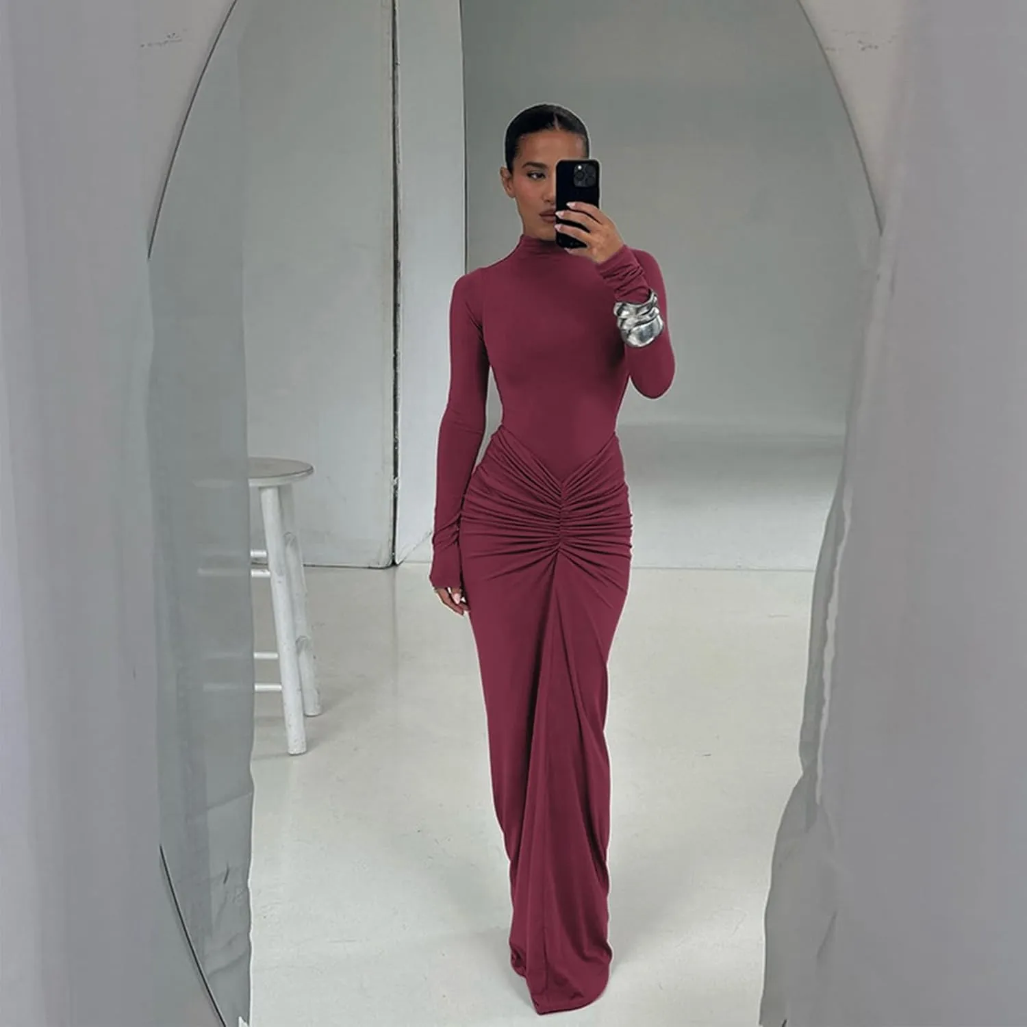 JUMISEE Women's Sexy Ruched Long Sleeve Maxi Dress Elegant Turtleneck Bodycon Cocktail Party Dress Evening Dress