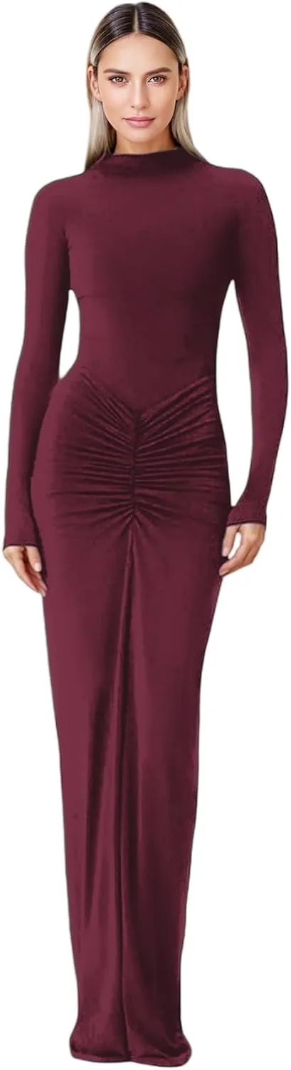 JUMISEE Women's Sexy Ruched Long Sleeve Maxi Dress Elegant Turtleneck Bodycon Cocktail Party Dress Evening Dress