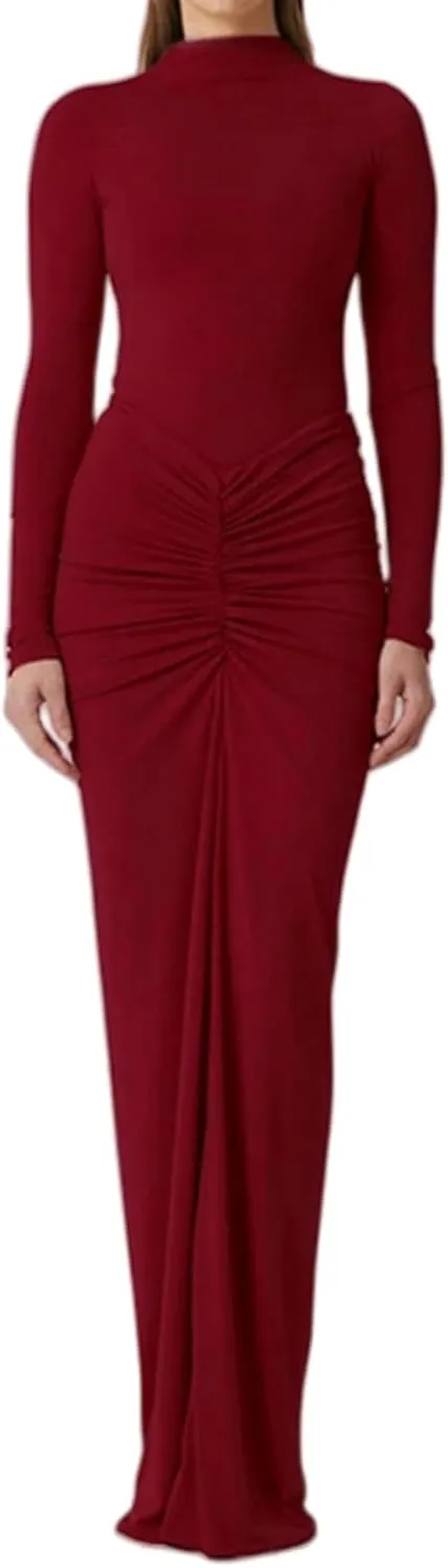 JUMISEE Women's Sexy Ruched Long Sleeve Maxi Dress Elegant Turtleneck Bodycon Cocktail Party Dress Evening Dress