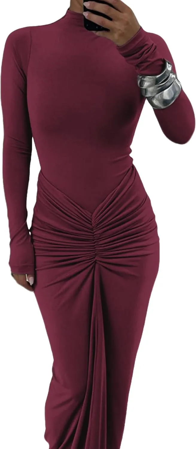 JUMISEE Women's Sexy Ruched Long Sleeve Maxi Dress Elegant Turtleneck Bodycon Cocktail Party Dress Evening Dress