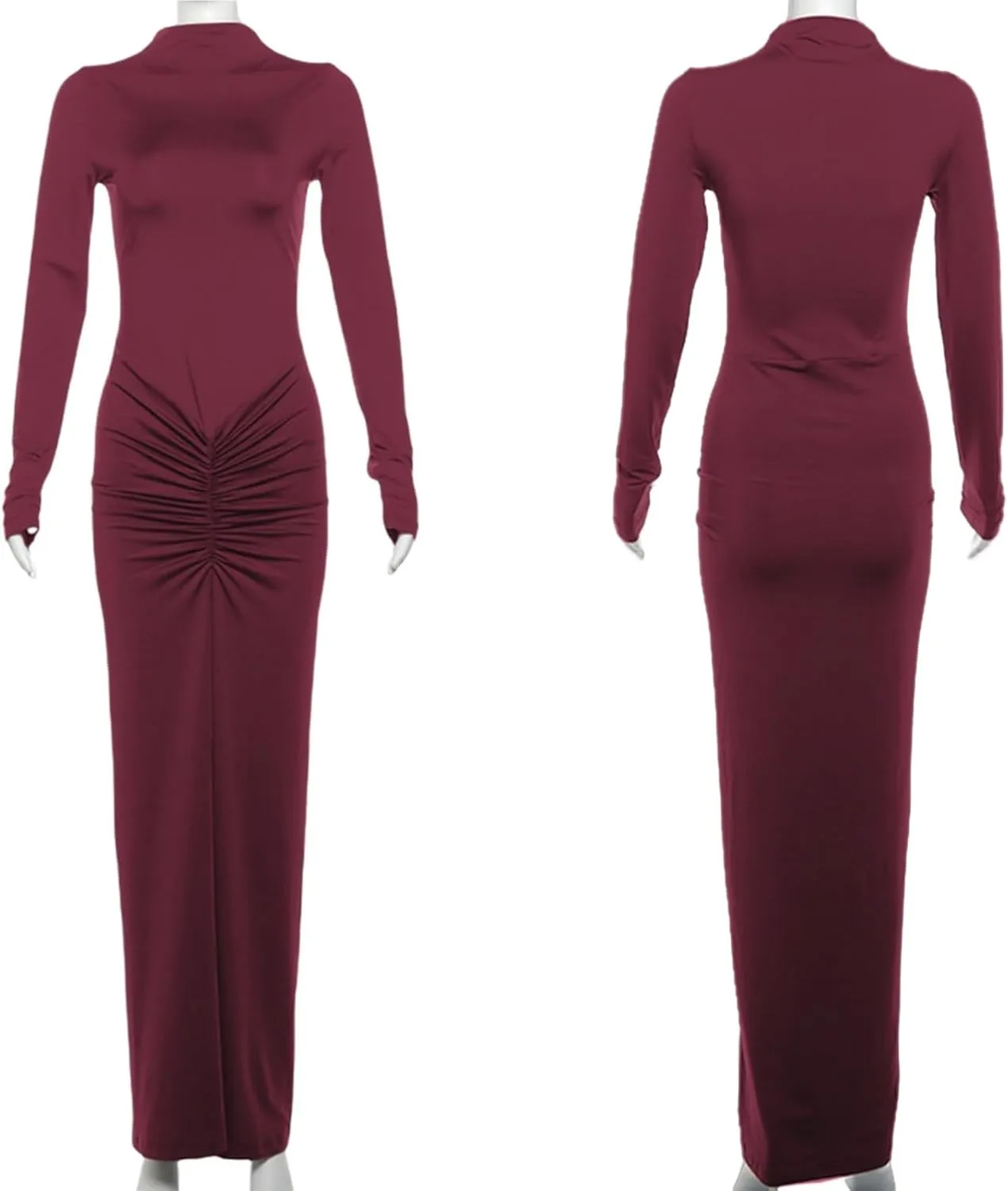 JUMISEE Women's Sexy Ruched Long Sleeve Maxi Dress Elegant Turtleneck Bodycon Cocktail Party Dress Evening Dress