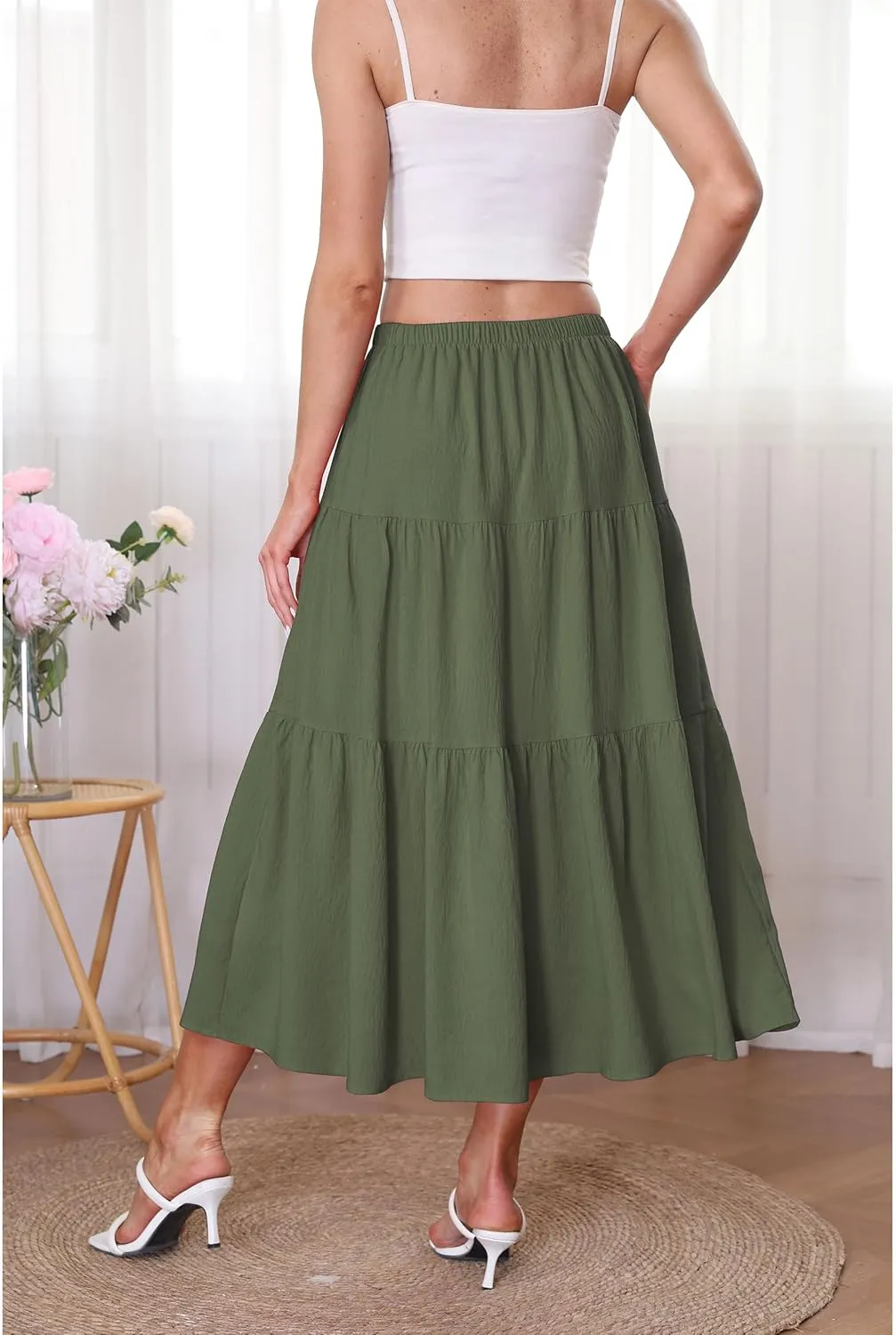 Kingfancy Women's Boho Midi Skirt A-Line Ruffle Elastic High Waist Tiered Flowy Skirts
